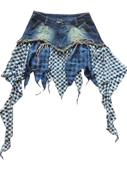 Handkerchief Hem Denim Skirt Patchwork Design