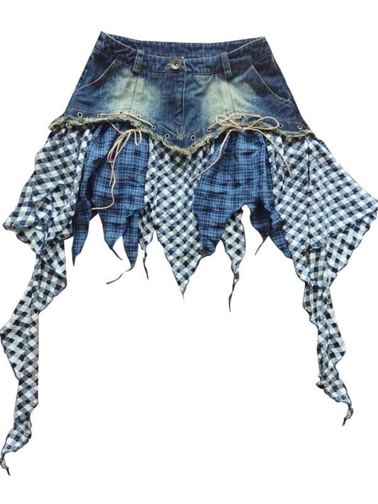 Handkerchief Hem Denim Skirt Patchwork Design