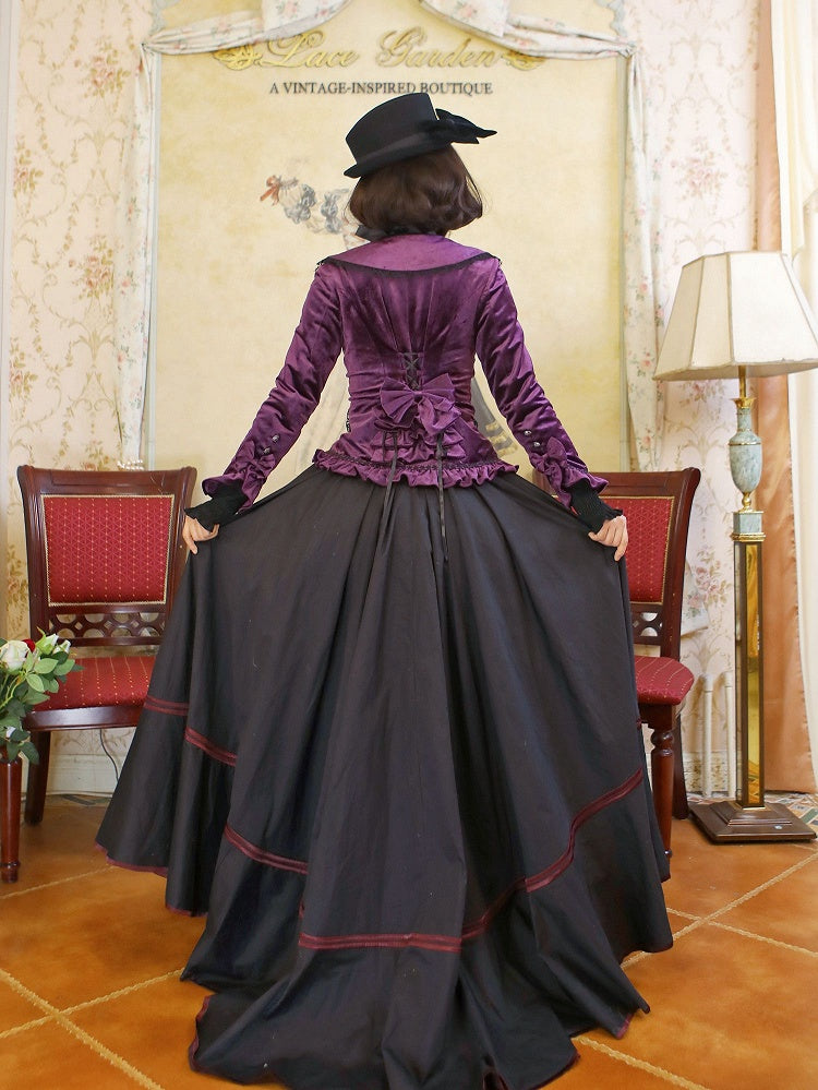 Dark Purple Lace-up Detail Velvet Jacket and Black Vintage Victorian Skirt Set