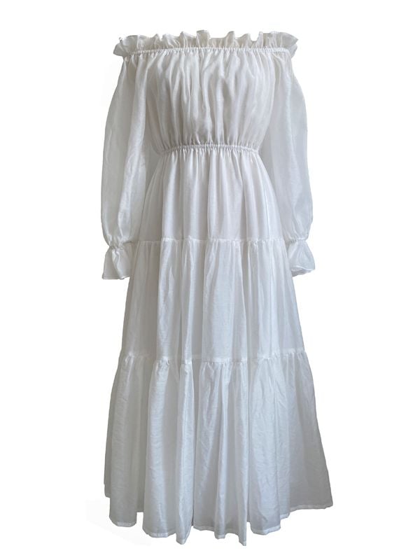 White Off-the-shoulder Neckline Vintage Dress with Flounce Hem