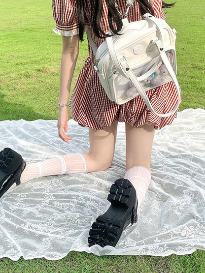 Bear Ears Design White/Wine Red/Silver PU Square Ita Bag