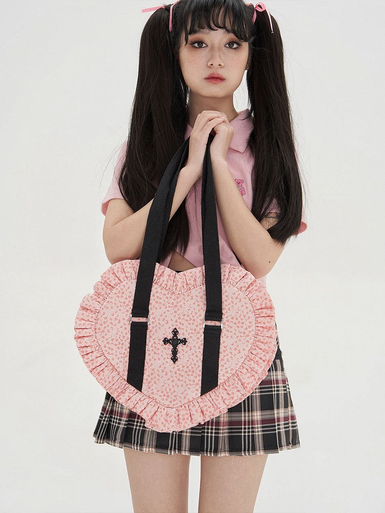 Pink/Red Sweetheart-shaped Ruffle Trim Shoulder Bag