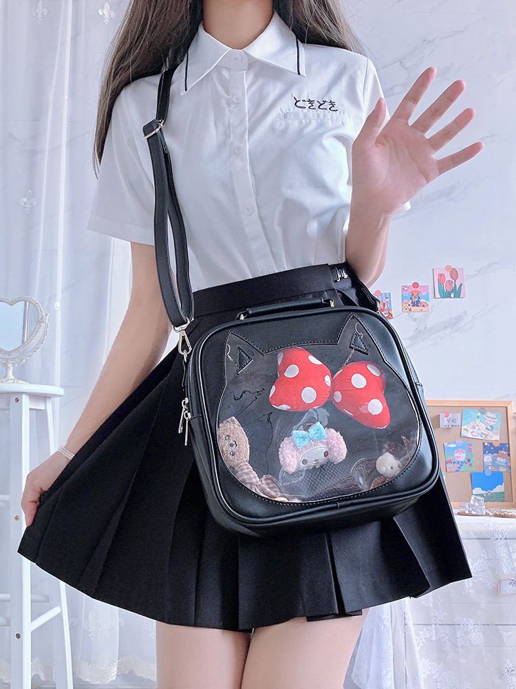 Cat Head-shaped Window Black PU Square Ita Bag