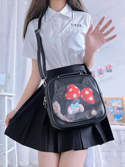 Cat Head-shaped Window Black PU Square Ita Bag