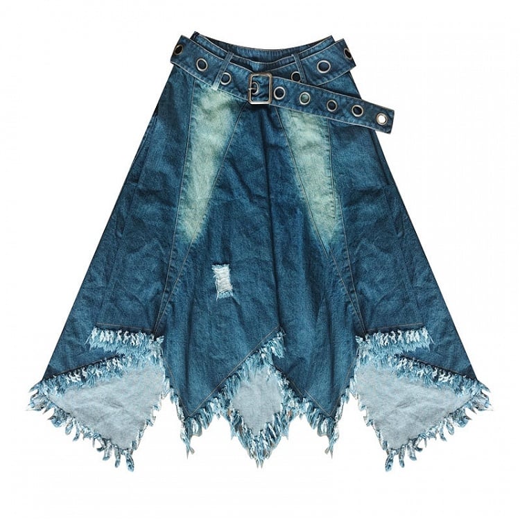 Handkerchief Hem Denim Skirt Raw Hem