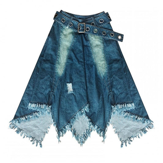 Handkerchief Hem Denim Skirt Raw Hem