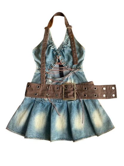 Cutout Detail Halter Neck Denim Dress Pleated Skirt
