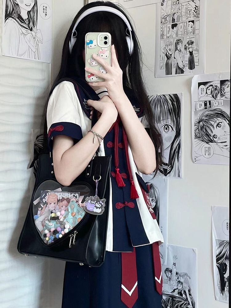 Milk White/Black Heart-shaped Window Square PU Tote Ita Bag