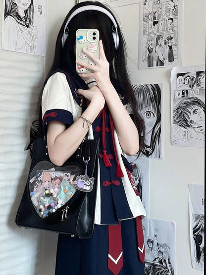 Milk White/Black Heart-shaped Window Square PU Tote Ita Bag