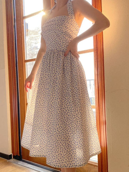 Blue Halter Neck Vintage Dress with Floral Print