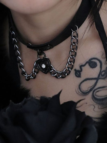 Black Punk PU Choker with Metal Chain