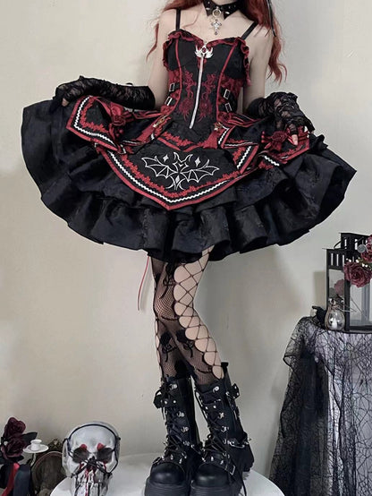 Black and Red Bat and Cross Embroidery Gothic Lolita JSK Zip Front and Buckle Side
