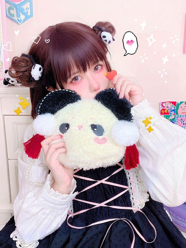 Panda Head-shaped White Beads Shoulder Strap Crossbody Plush Bag