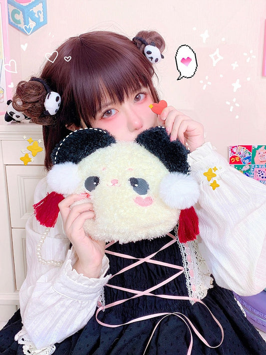 Panda Head-shaped White Beads Shoulder Strap Crossbody Plush Bag