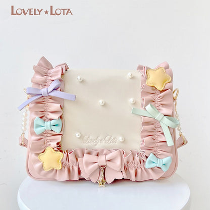 Fold-over Flap Creamy Dots Bowknots Shoulder Bag