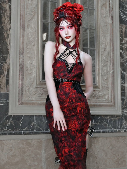 Cheongsam Style Jacquard Qipao Romantic Goth Thigh-high Slit Dress