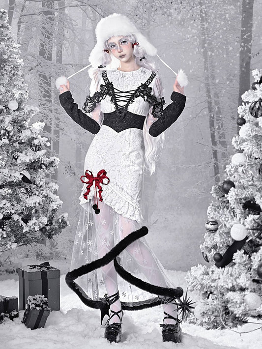 Gothic Christmas Dress Snowflake Print Mermaid Skirt with Plush Hem