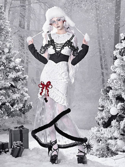 Gothic Christmas Dress Snowflake Print Mermaid Skirt with Plush Hem