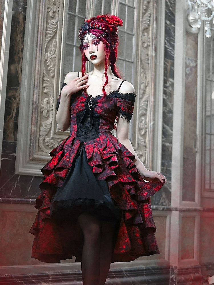 Romantic Goth Dress Cascading Ruffle Trim Wine Red and Black Vampire Dress