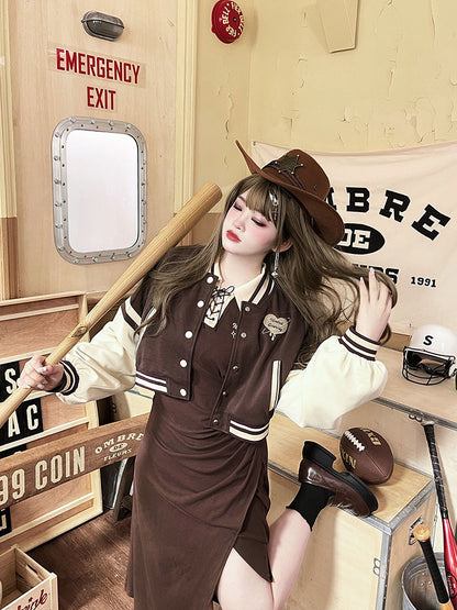 Plus Size - Dark Brown Cropped Baseball Jacket