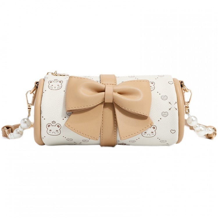 White/Brown Bear Print Big Bowknot Crossbody Bag