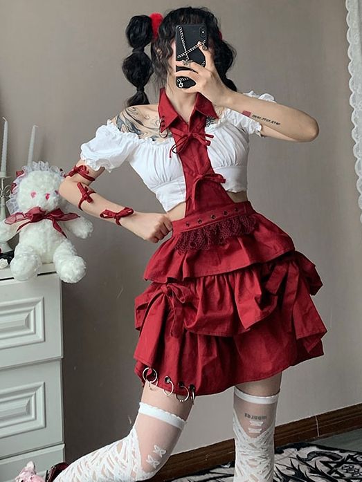 Red Halter Neck Overall Skirt with Metal Rings Decorated Hem