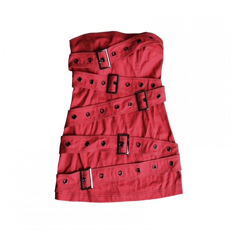 Buckles Decorated Strapless Red Dress Music Festival Outfits