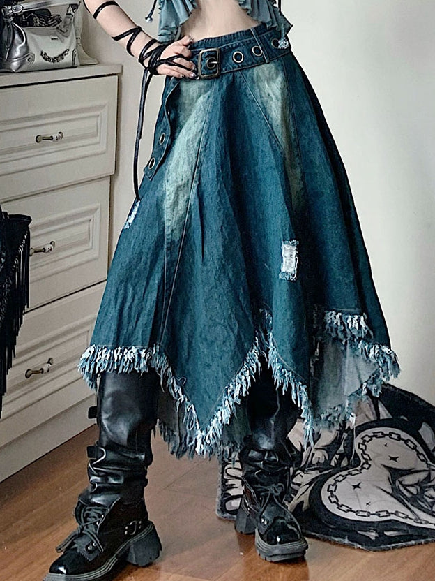 Handkerchief Hem Denim Skirt Raw Hem