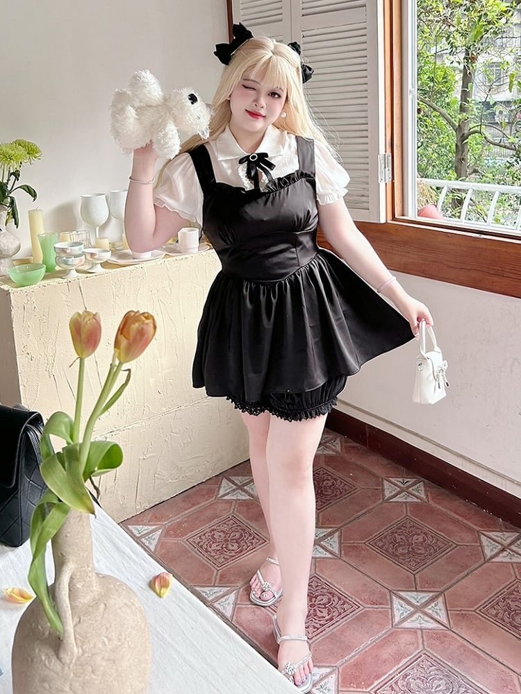 Plus Size Friendly Black Basque Waist Overalls/Lace Cuffs Bloomers