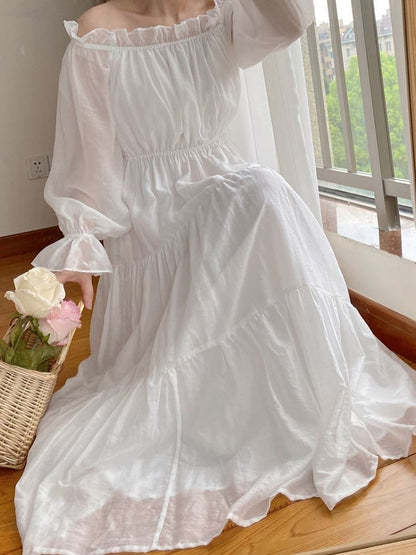 White Off-the-shoulder Neckline Vintage Dress with Flounce Hem