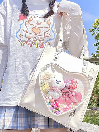 Milk White/Black Heart-shaped Window Square PU Tote Ita Bag