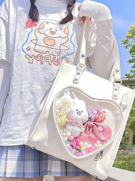 Milk White/Black Heart-shaped Window Square PU Tote Ita Bag