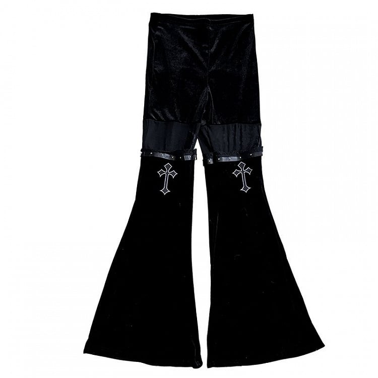 Cross Embroidery Lace Trim Fishtail Pants with Belt