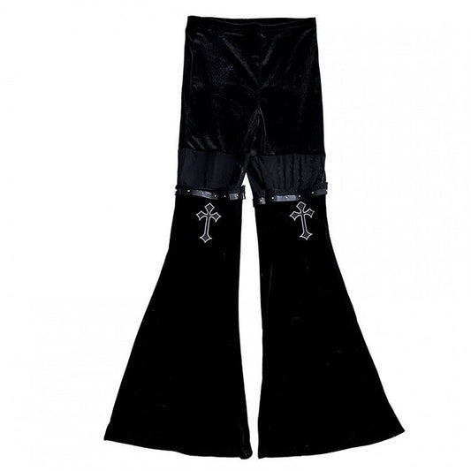 Cross Embroidery Lace Trim Fishtail Pants with Belt