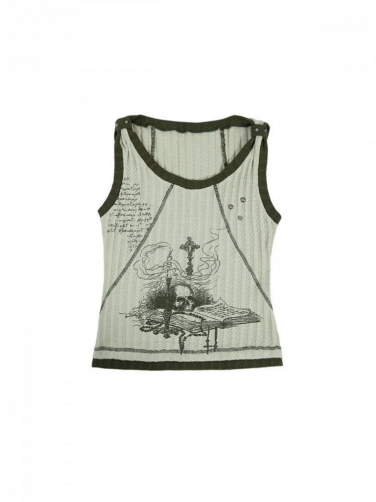 Punk Skull Print Light Green Knitted Tank Top