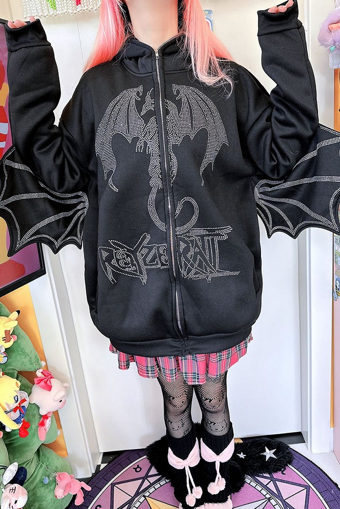 Rhinestones Dragon Decorated Wings Design Hooded Black Jacket