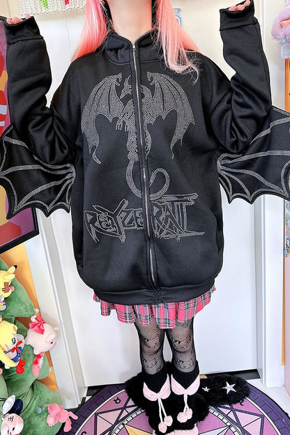 Rhinestones Dragon Decorated Wings Design Hooded Black Jacket