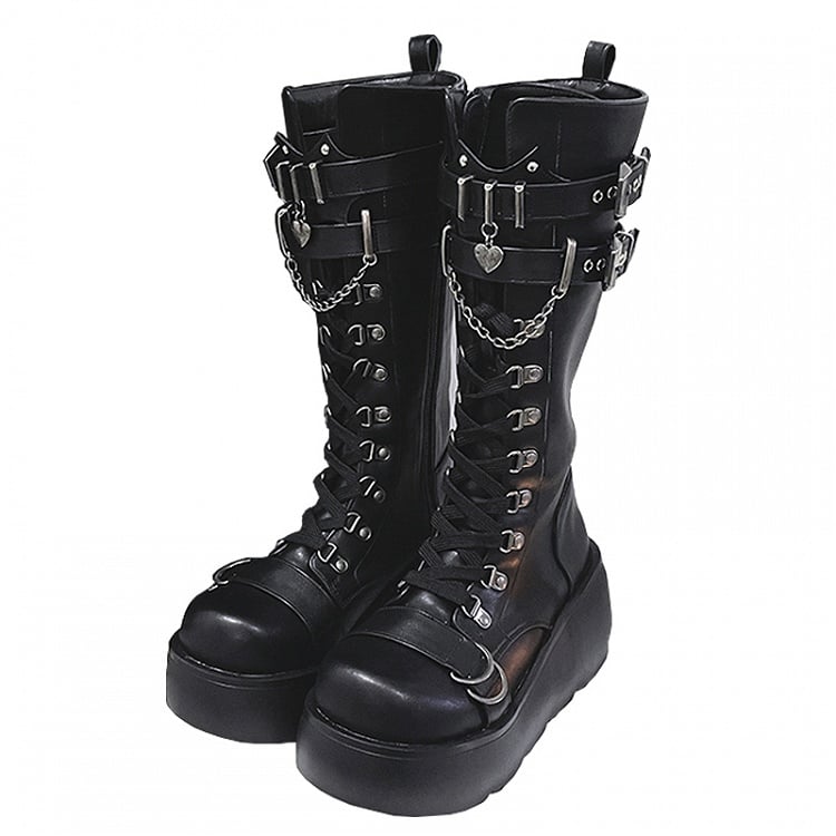 Lace-up and Buckle Straps Matte Black Platform Boots