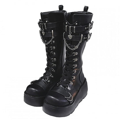 Lace-up and Buckle Straps Matte Black Platform Boots