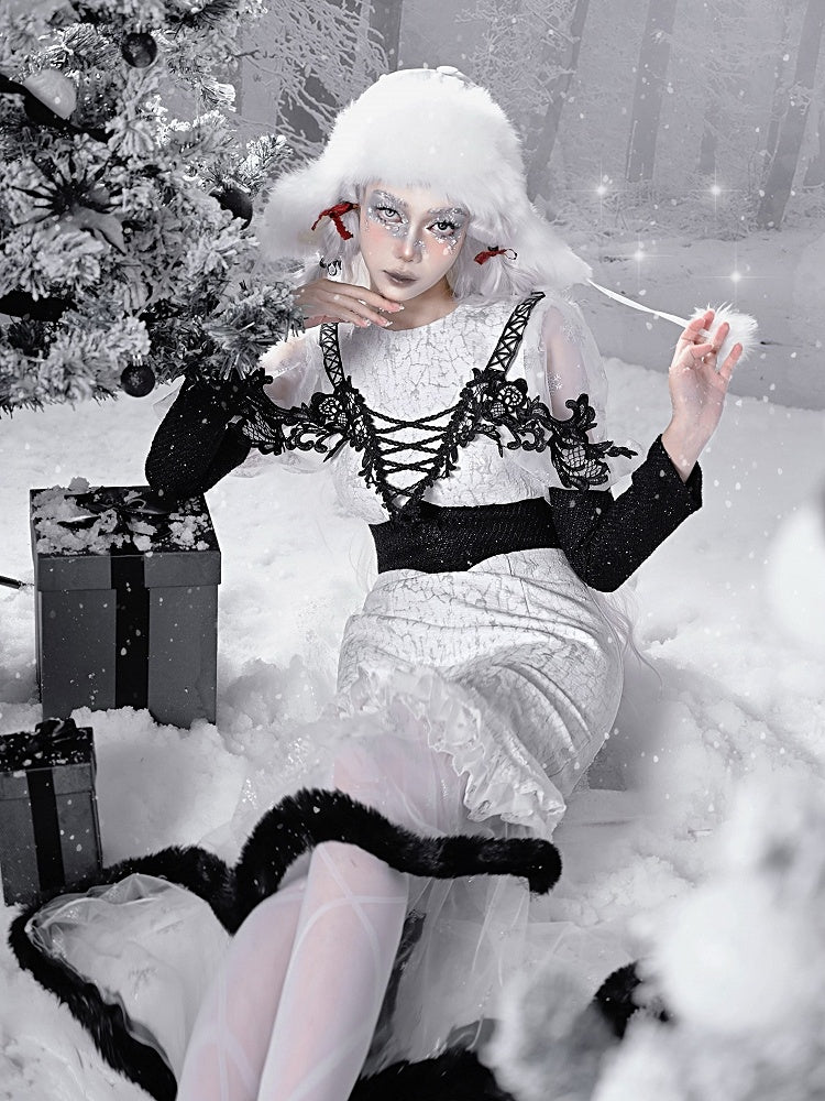 Gothic Christmas Dress Snowflake Print Mermaid Skirt with Plush Hem