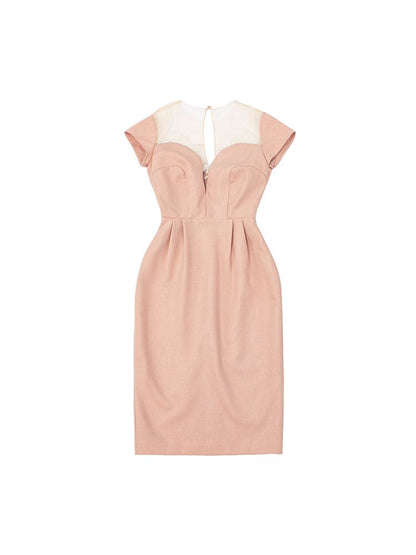 Lace Trim Back Slit Pink Vintage Dress