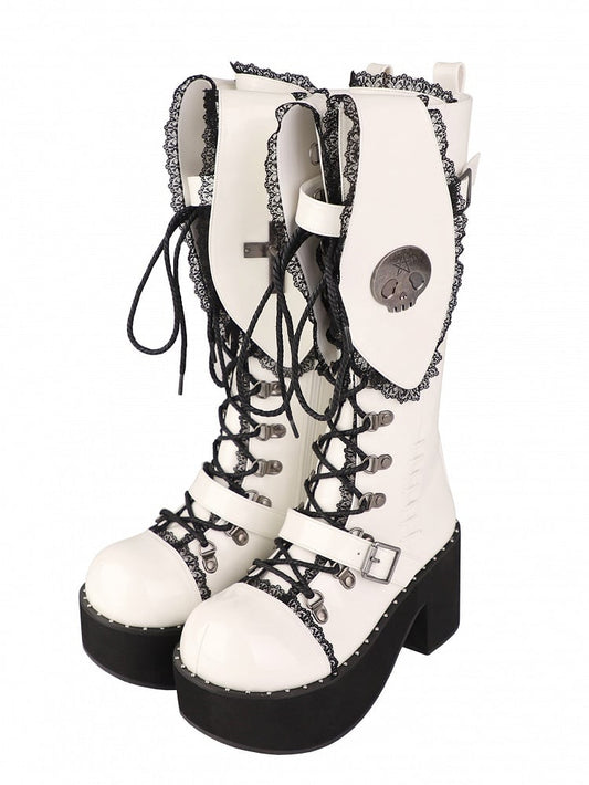 Bad Bunny Lace Trim Bunny Ears Design Punk White PU Gothic Platform Boots
