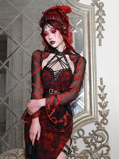 Romantic Goth Vampire Black Cropped Top with Chain Embroidery Bell Sleeves