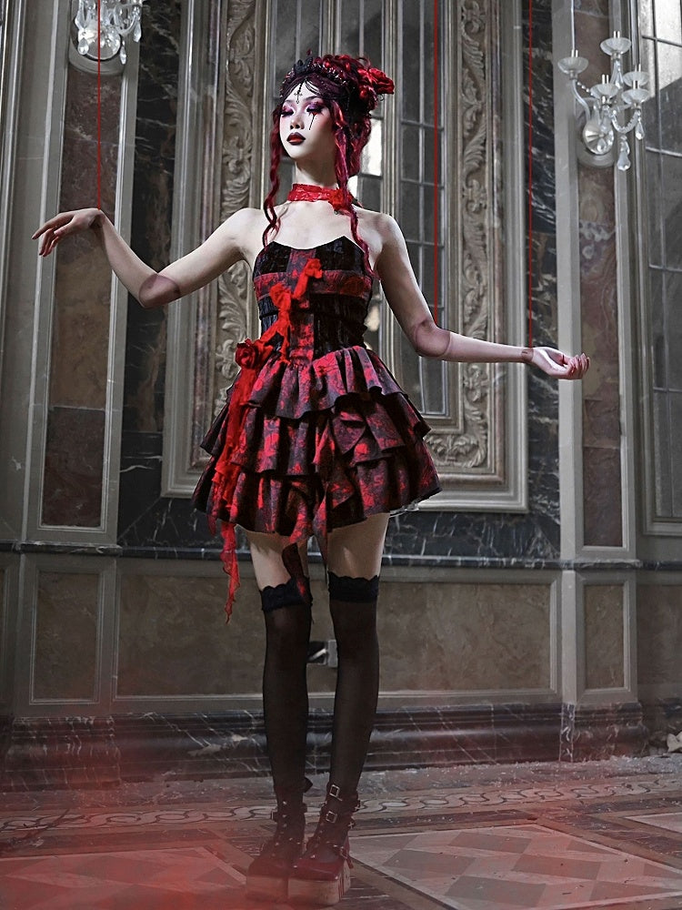 Romantic Goth Strapless Dress Cross at Bodice Jacquard Dress