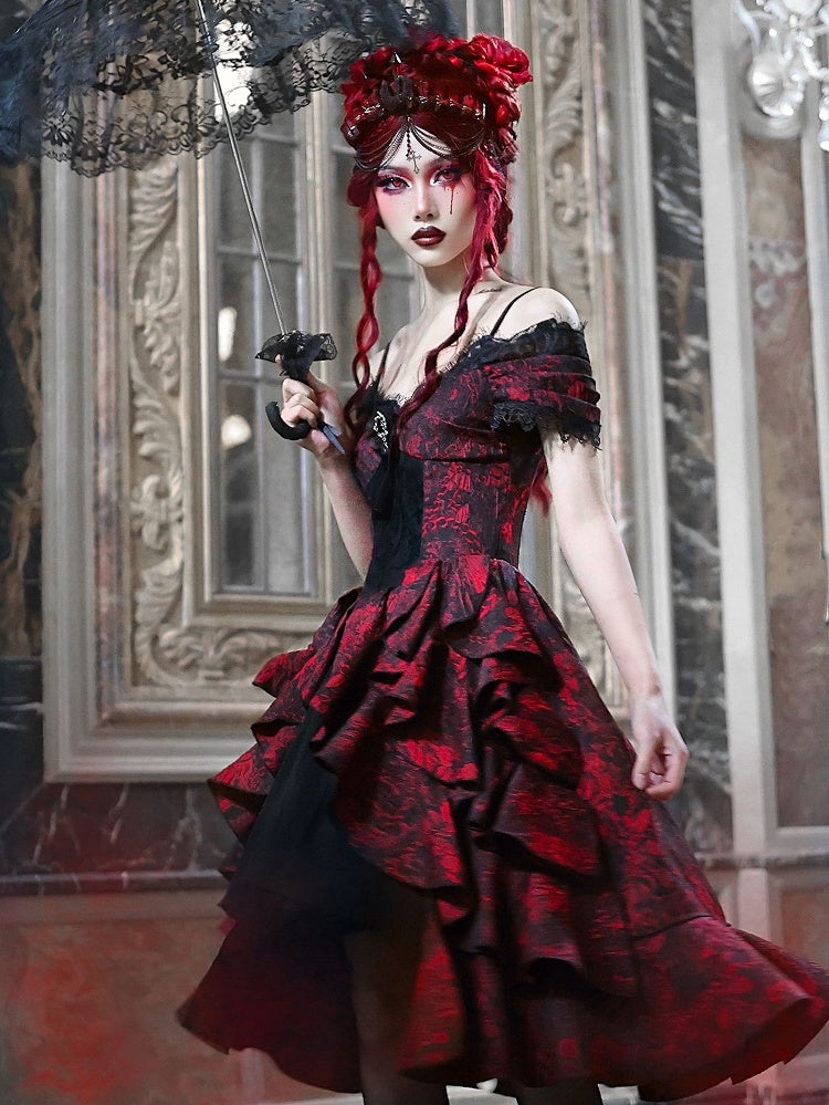 Romantic Goth Dress Cascading Ruffle Trim Wine Red and Black Vampire Dress