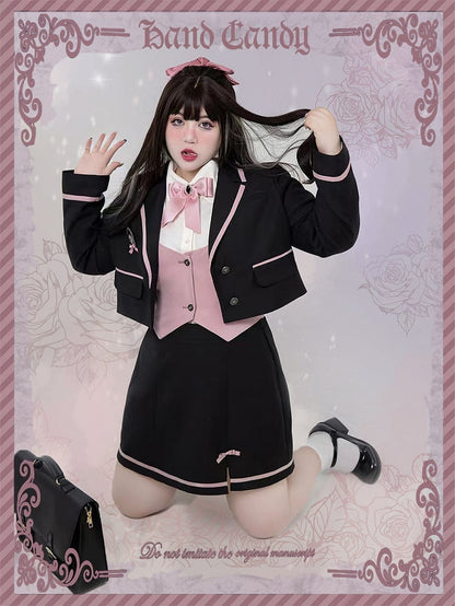 Plus Size - Rose Knight Apricot Shirt+Black Waistcoat+Black Blazer+Black Skirt Set