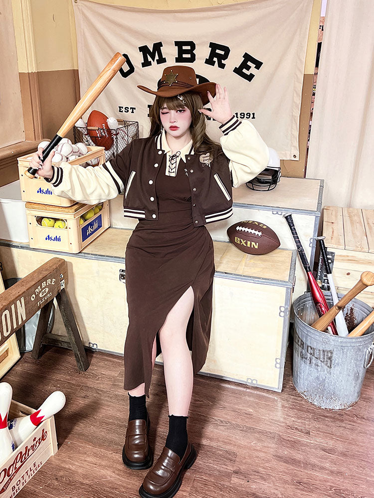 Plus Size - Dark Brown Cropped Baseball Jacket