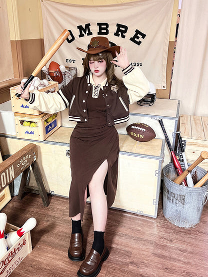 Plus Size - Dark Brown Cropped Baseball Jacket