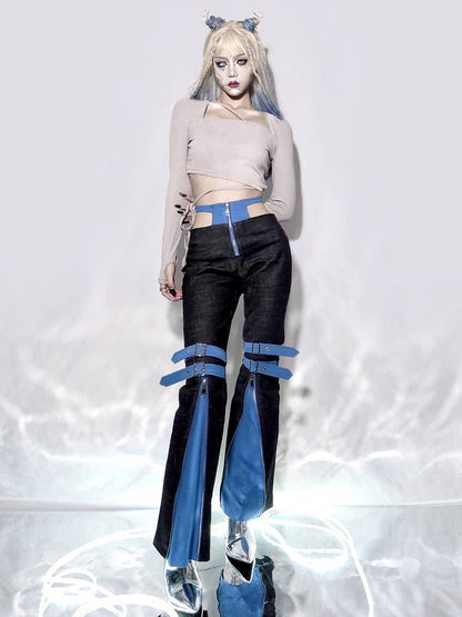 Asymmetrical Waist Long Sleeves Shinny Gray Knitted Top