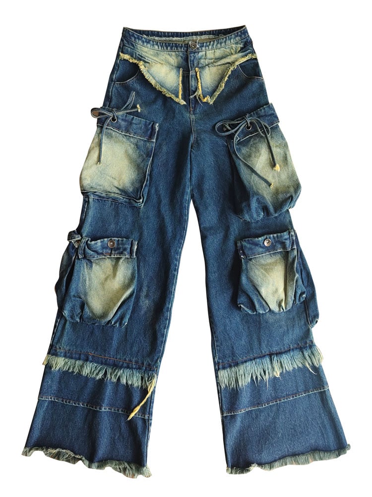 Wasteland Punk Cargo Pockets Faded Wash Wide Leg Jeans